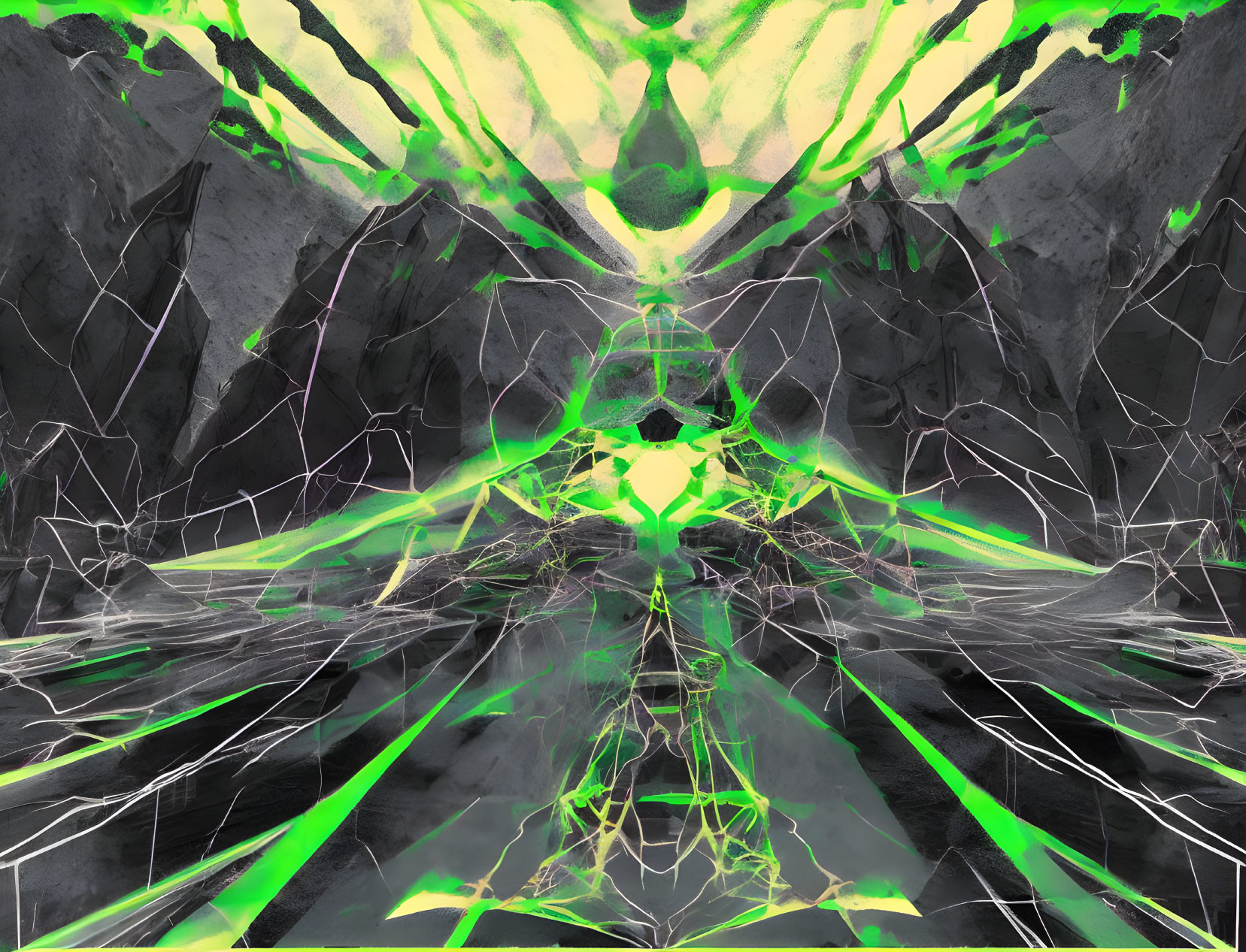 Abstract digital image: symmetrical black, grey, and neon green patterns in futuristic cavernous space.