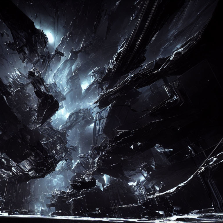 Abstract Sci-Fi Scene with Large Fragmented Structures in Space-like Environment