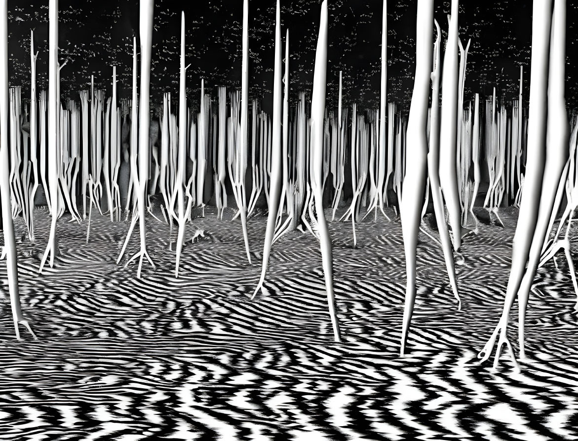 Abstract black and white tree trunks on wavy patterned ground