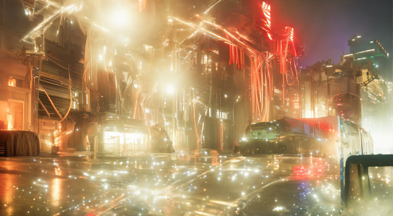 Rain-soaked street with neon reflections and parked cars at twilight