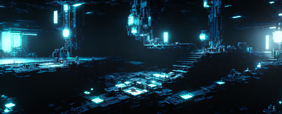 Futuristic Cityscape with Neon Blue Lights and Advanced Technology