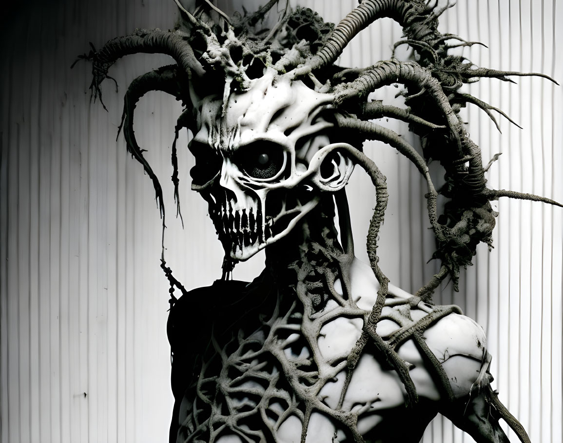 Monochrome skull with antlers and branch-like structures on corrugated background