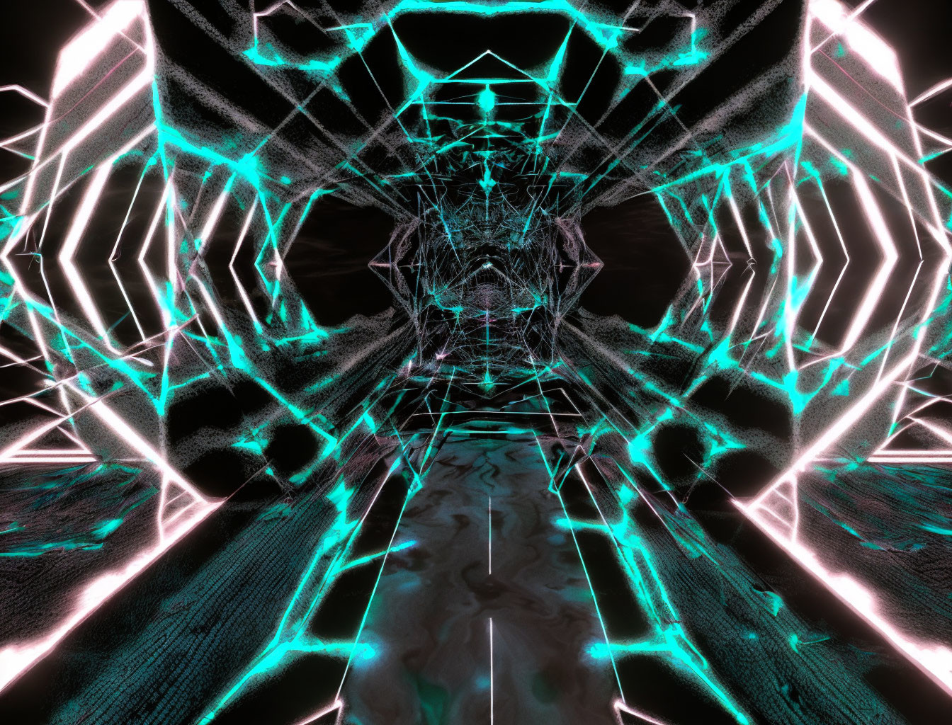 Symmetrical wireframe tunnel digital art in neon hues