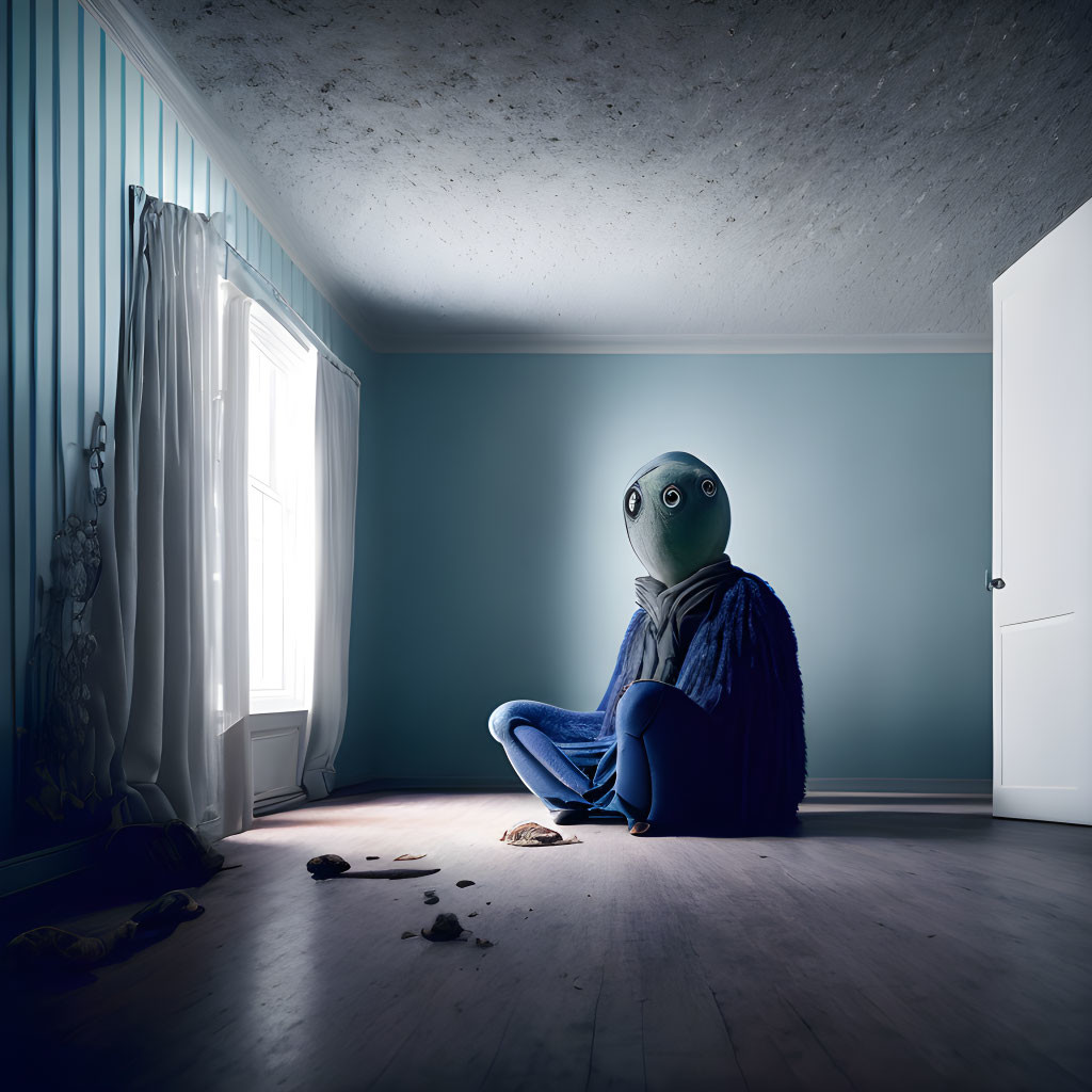 Masked person in dimly lit blue room exudes loneliness.