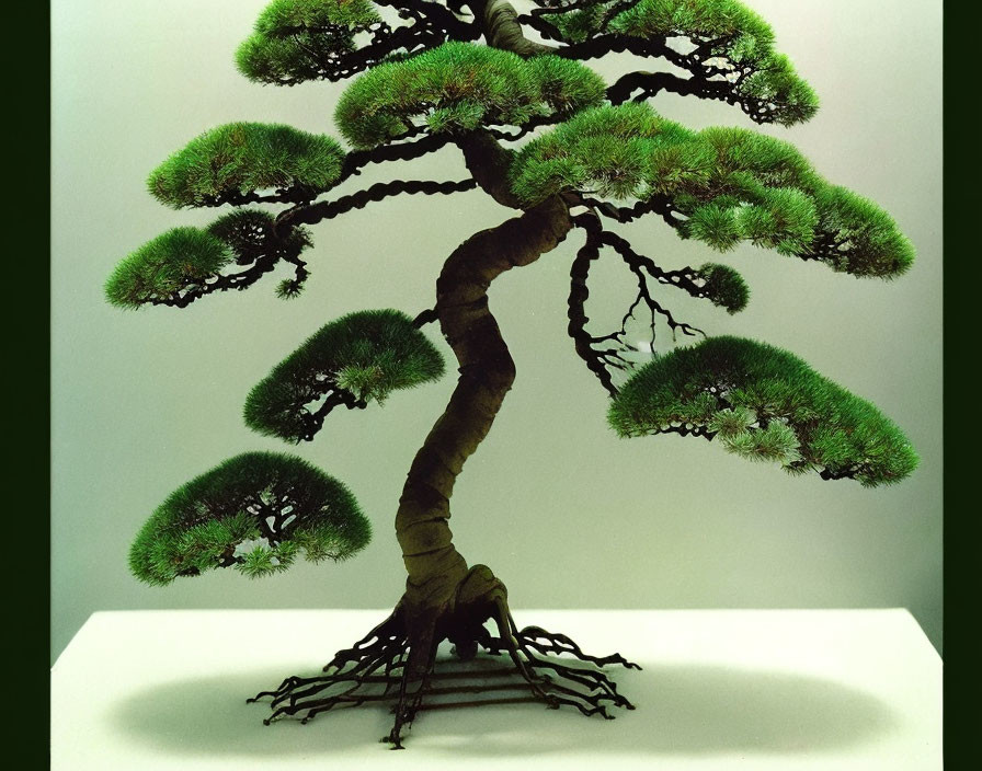 Twisted trunk bonsai tree with lush green canopy and intricate roots
