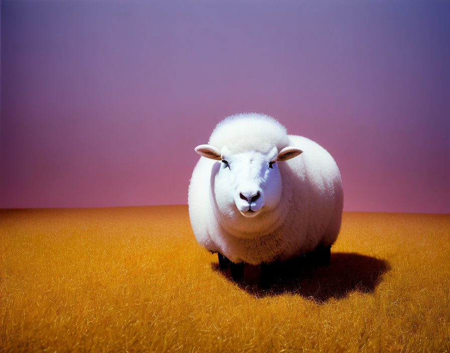 Fluffy white sheep on orange grass with pink-purple gradient.