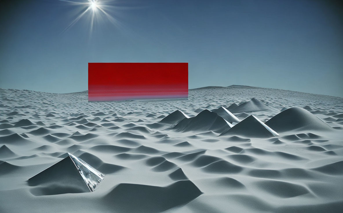 Mirrored pyramids in desert landscape under blue sky