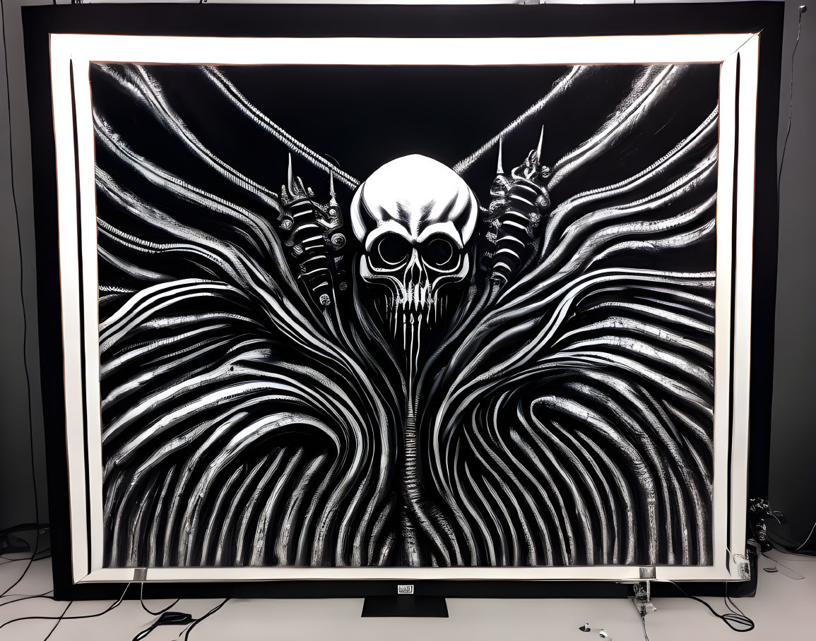 Monochrome skull art with abstract swirling patterns and horn-like shapes on digital screen