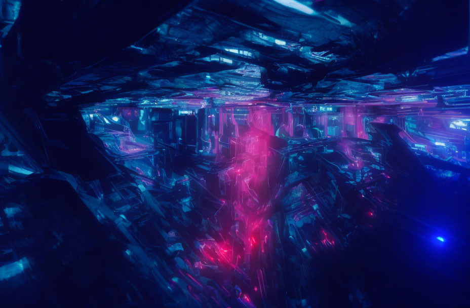 Futuristic cybernetic space with vibrant blue and pink neon lights