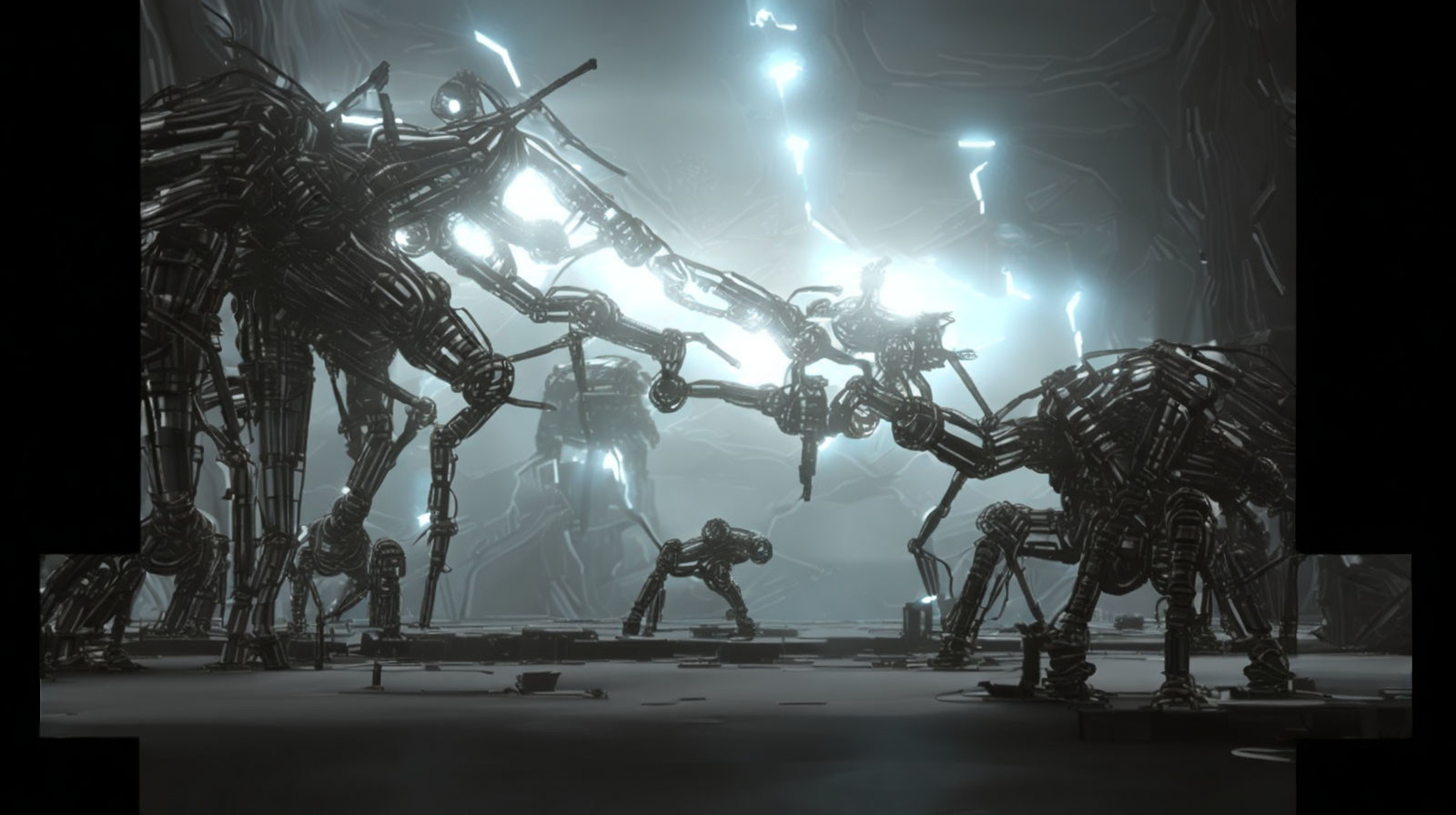 Large Spider-Like Robots in Dark Futuristic Space with Electrical Discharges