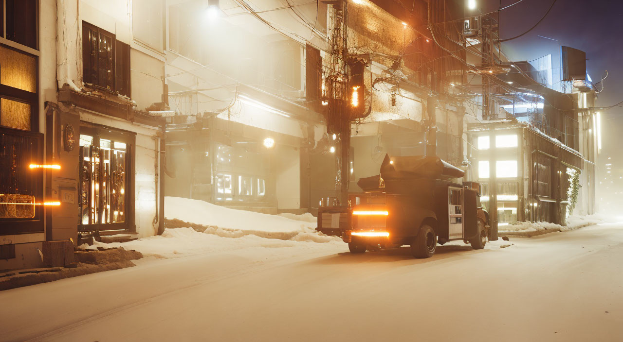 Snow-covered Night Street Scene with Warm Storefront Lights and Parked Truck