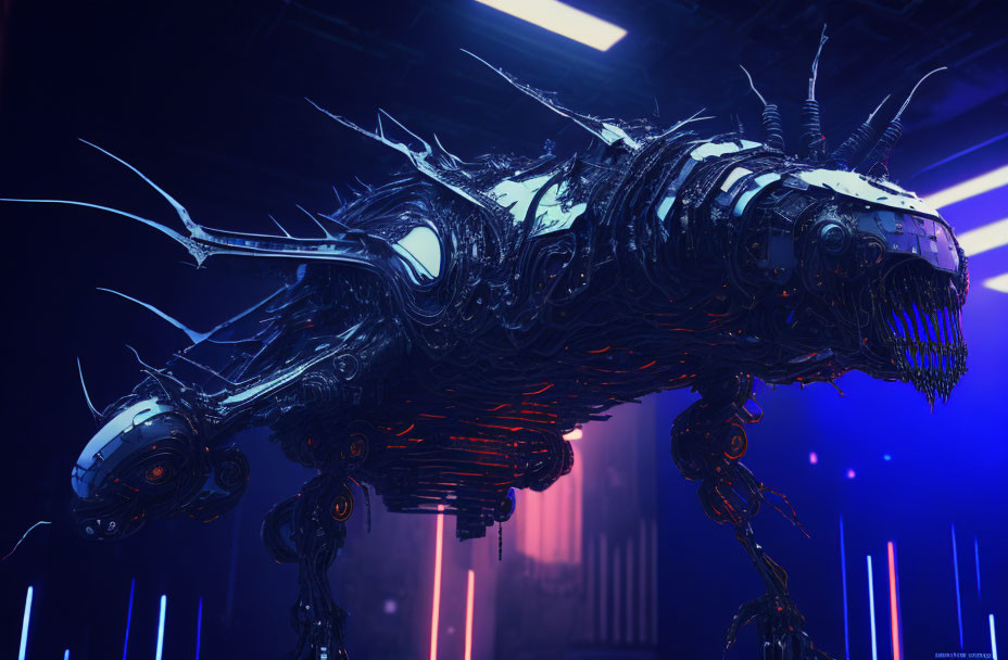 Futuristic mechanical creature with glowing red and blue features in dark neon-lit setting