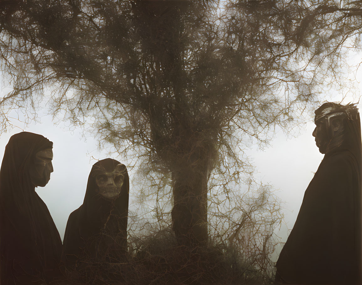 Hooded figures under gnarly tree in misty forest