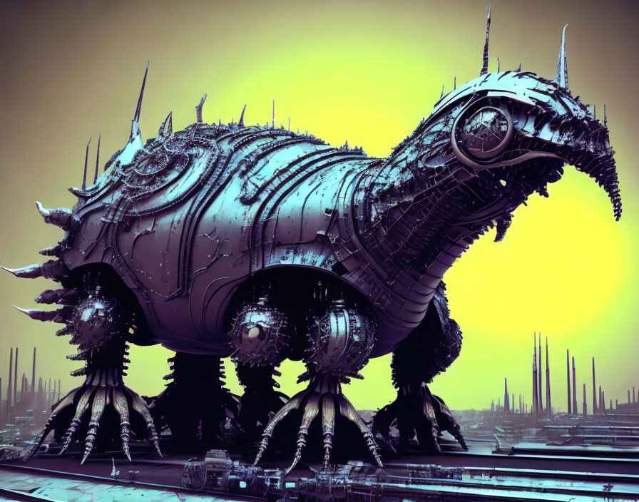 Giant snail-like mechanical creature in futuristic industrial setting.