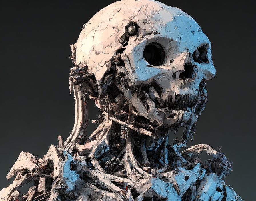 Detailed Robot Skull with Mechanical Parts and Fragmented Exterior