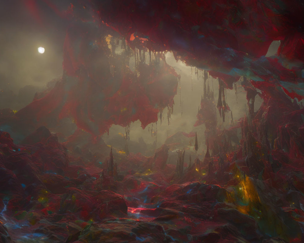 Surreal landscape with red hues, stalactites, glowing elements, and pale sun