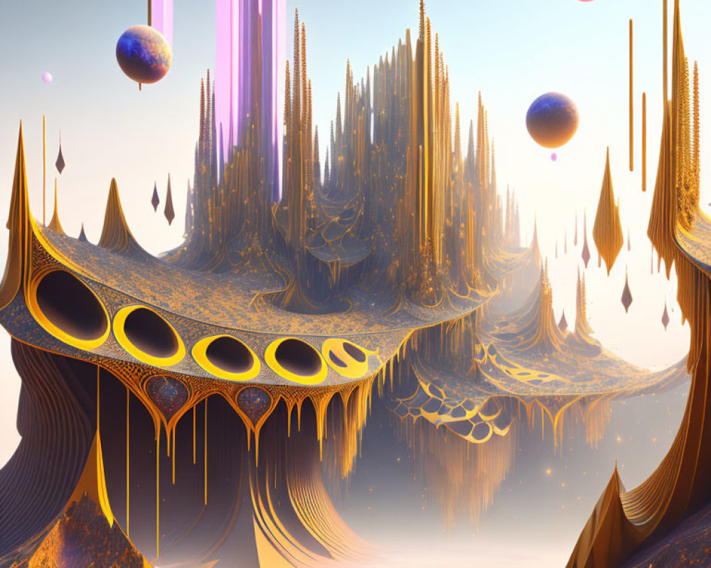 Futuristic surreal landscape with spire-like structures and floating orbs