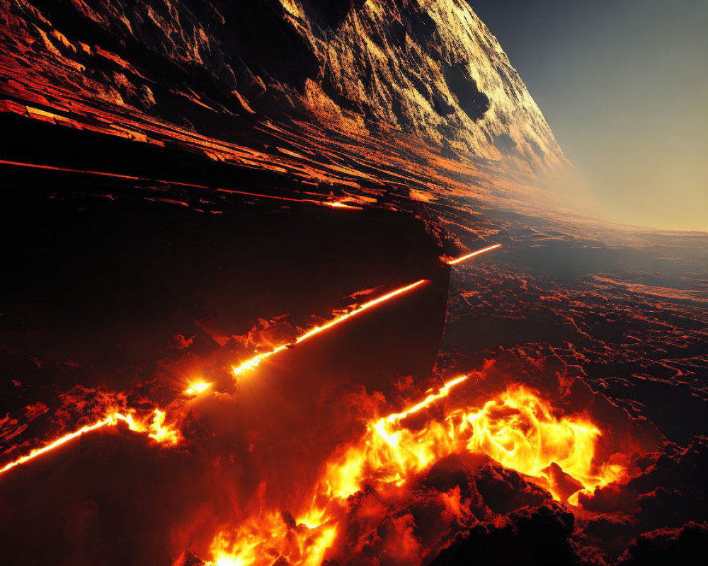 Volcanic landscape with flowing lava streams under orange sky