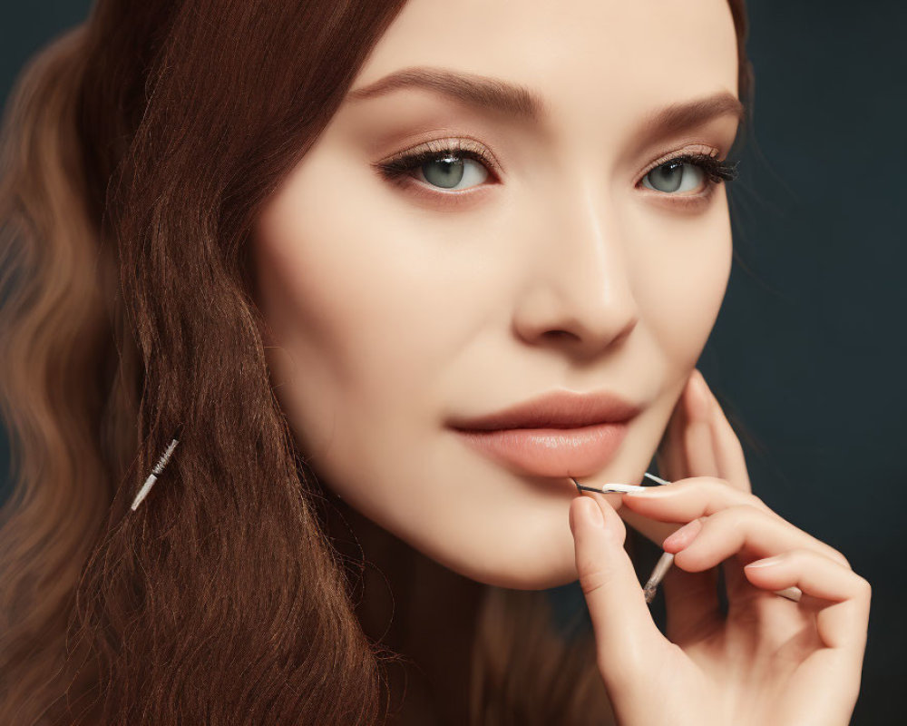 Detailed close-up portrait of woman with long brown hair and hairpin against dark background