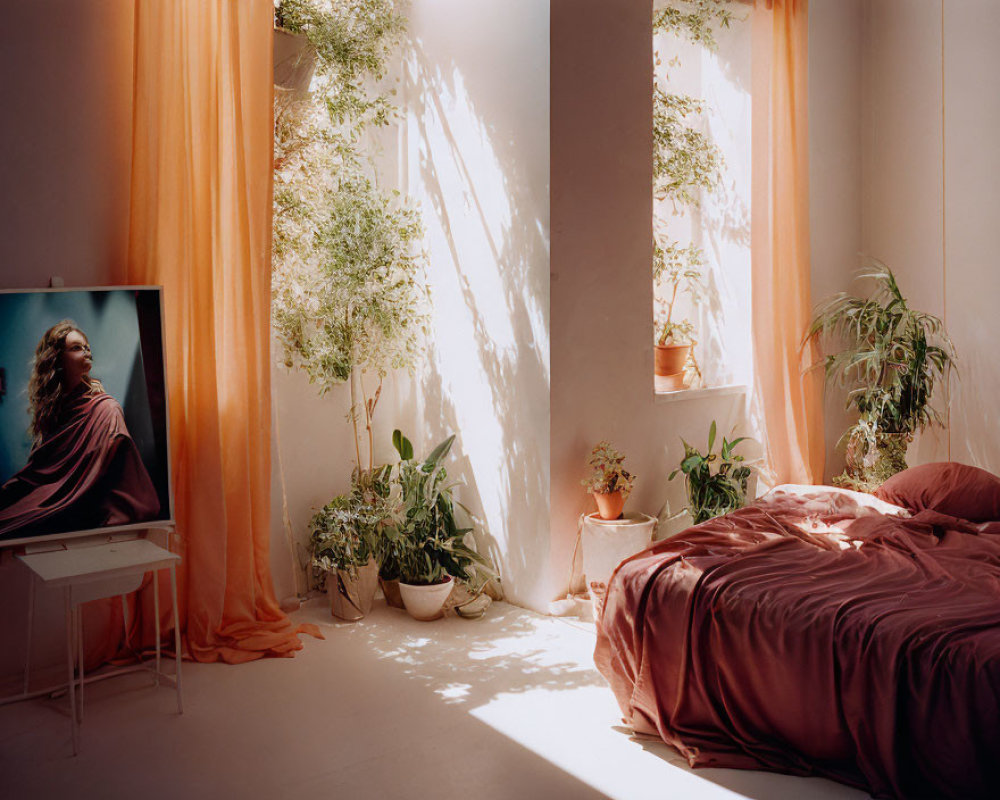 Cozy Bedroom with Terracotta Sheets and Green Plants