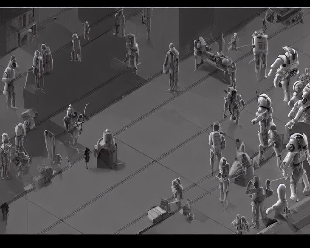 Monochrome futuristic scene with robots and humans on grid floor