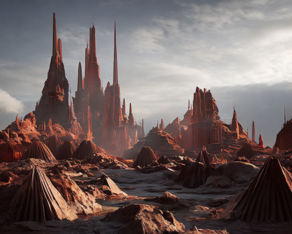 Fantastical landscape with towering spires and rugged terrain