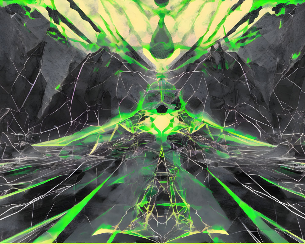 Abstract digital image: symmetrical black, grey, and neon green patterns in futuristic cavernous space.