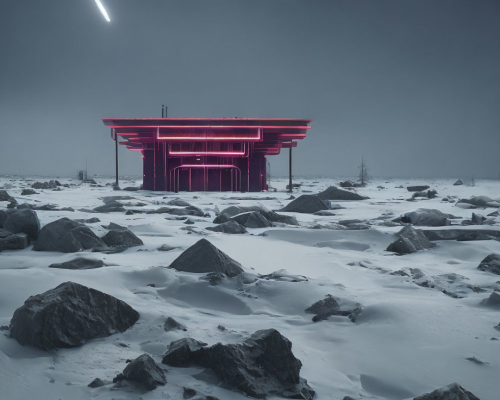 Futuristic red structure with neon lights in snowy landscape