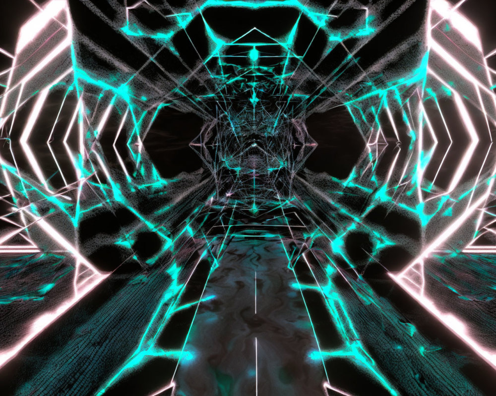 Symmetrical wireframe tunnel digital art in neon hues