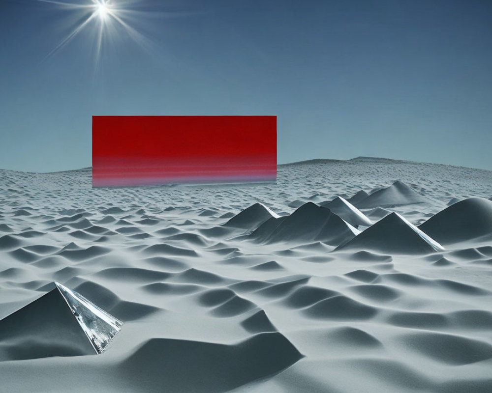 Mirrored pyramids in desert landscape under blue sky