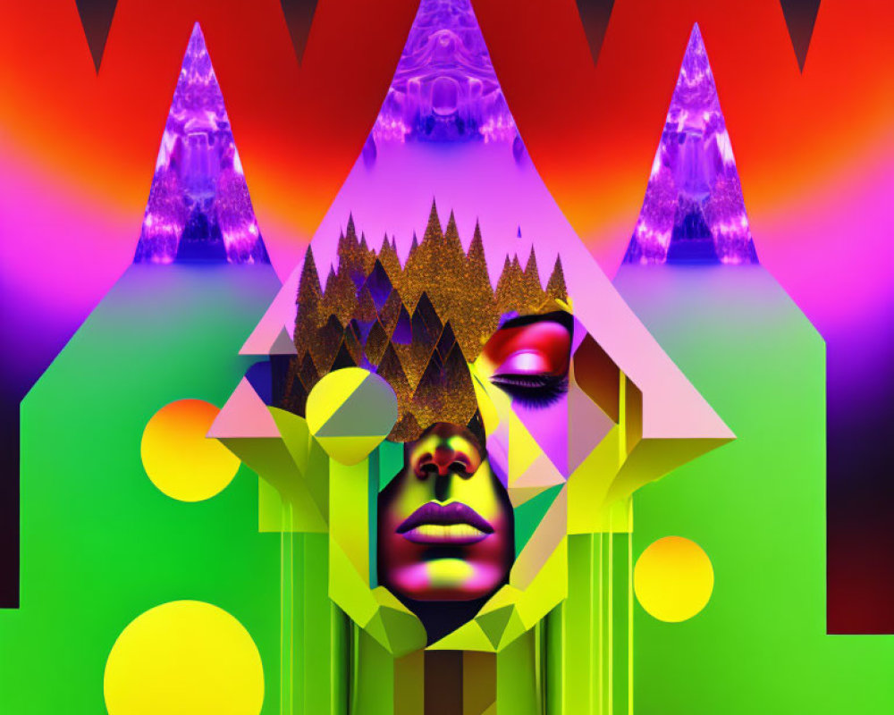 Colorful Abstract Art: Geometric Shapes & Female Face in Surreal Composition