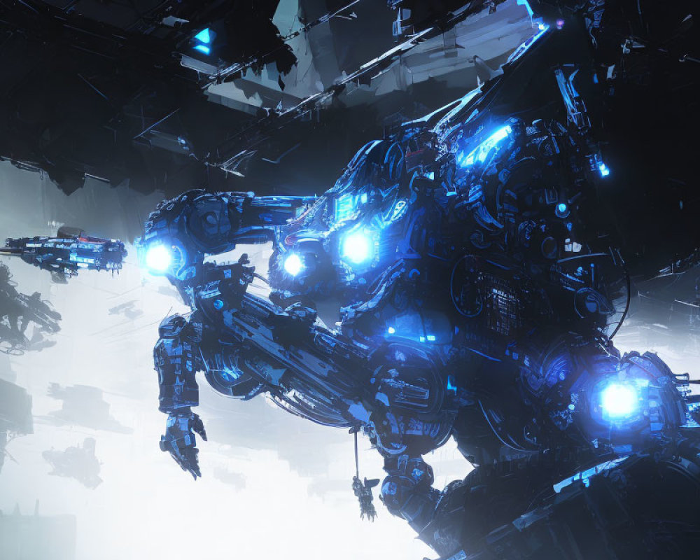 Blue-lit robotic mech in futuristic high-tech environment with debris.