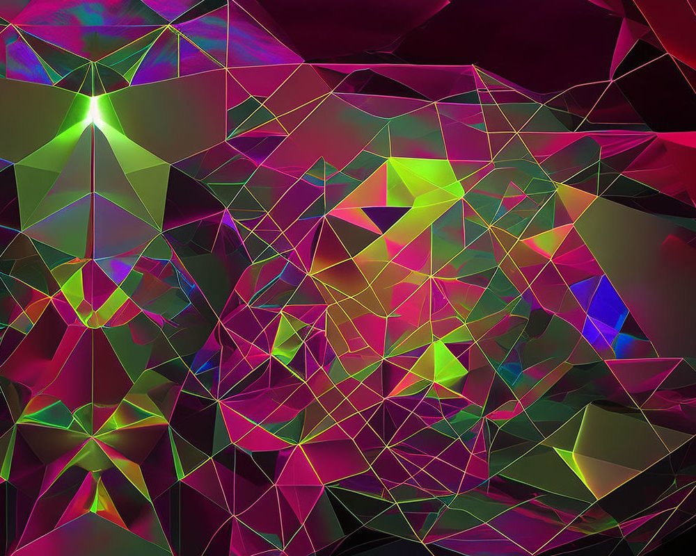 Colorful geometric abstract digital art with neon shapes on dark backdrop