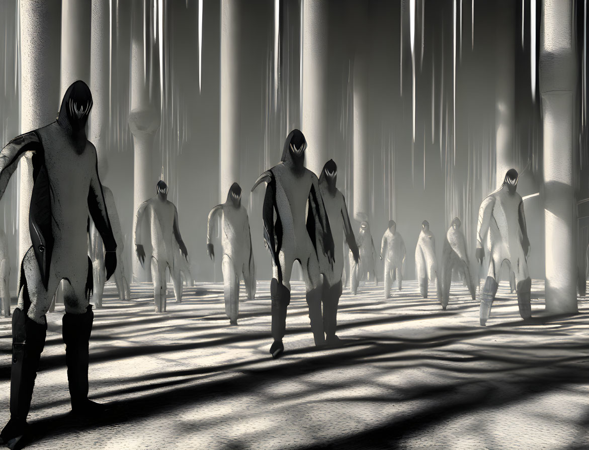 Group of featureless humanoid figures in dimly lit space with tall columns