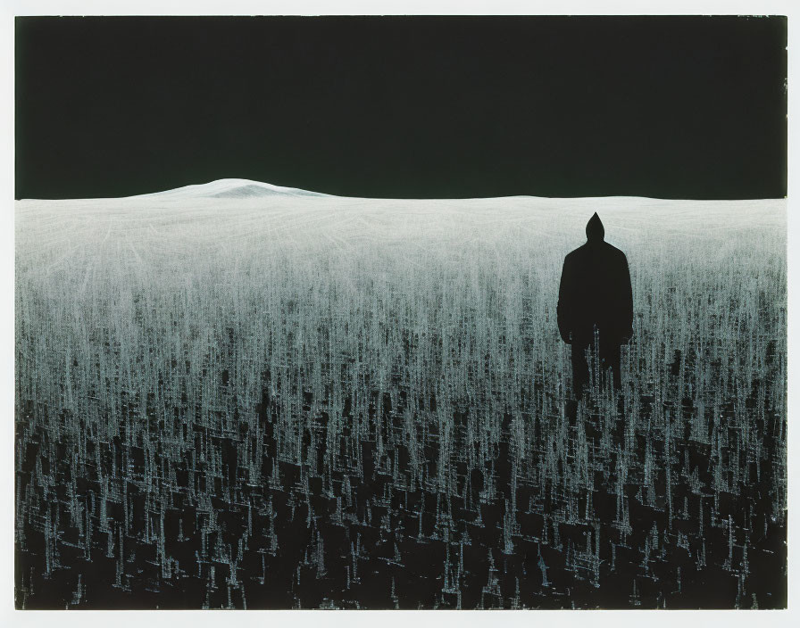 Solitary figure against white textured background under black sky