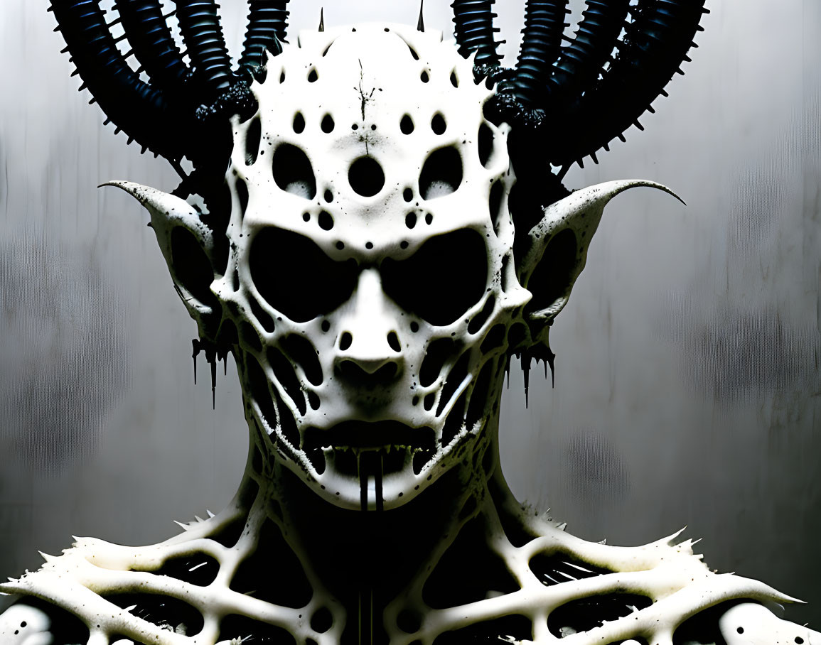 Sinister skull-like creature with sharp horns and metallic adornments on murky background