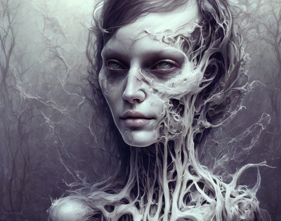 Surreal portrait with vine-like patterns in forest setting