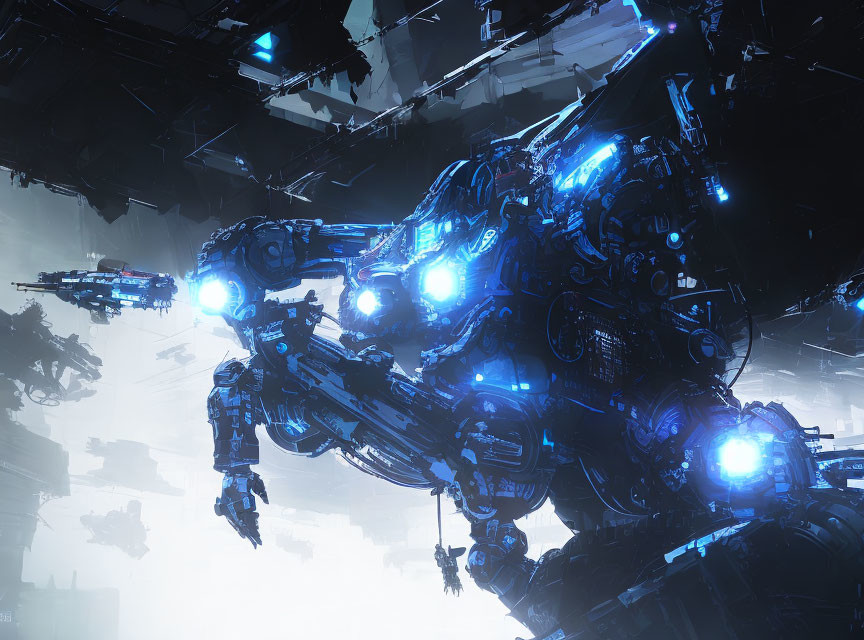 Blue-lit robotic mech in futuristic high-tech environment with debris.