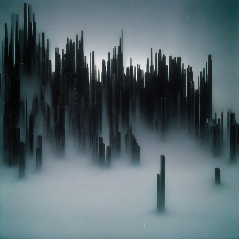 Abstract cityscape art with misty atmosphere and silhouette skyscrapers