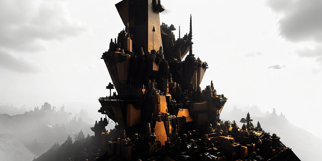 Dark fantasy castle with towering spires in dramatic sunlight