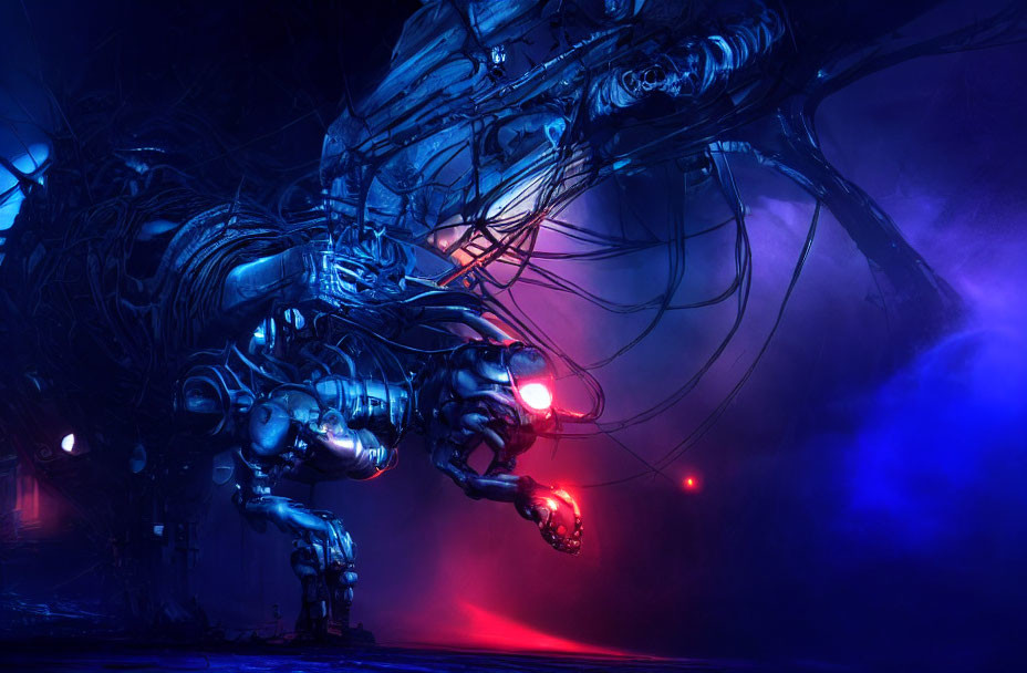 Sci-fi mech with glowing red eyes in blue-lit environment