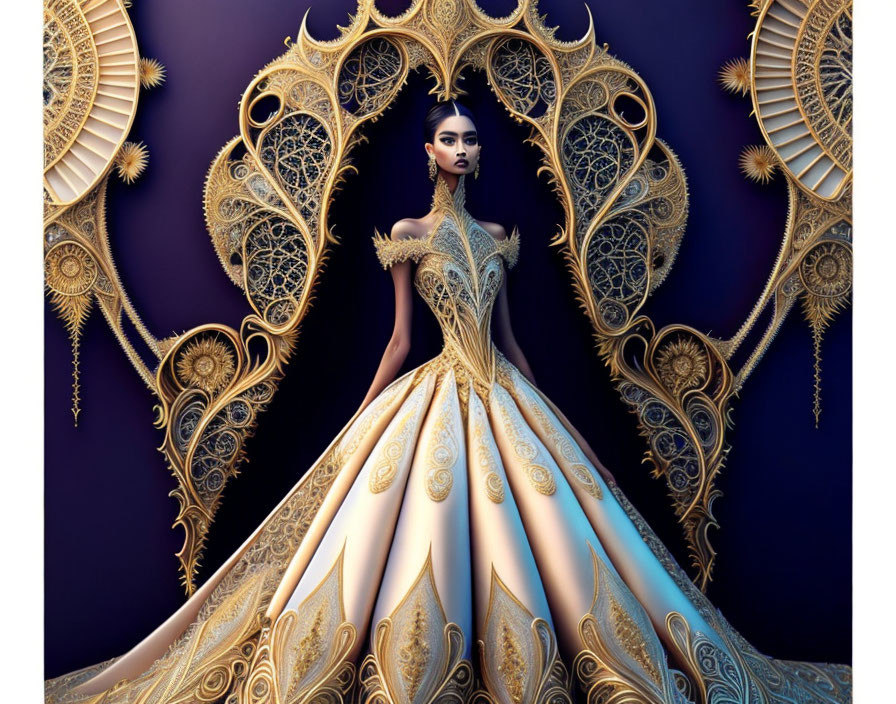 Elaborate gold-patterned gown with ornate filigree backdrop