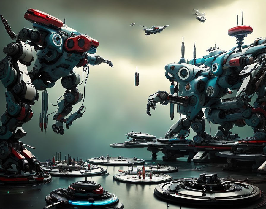 Futuristic scene with large robots, drones, and advanced platforms