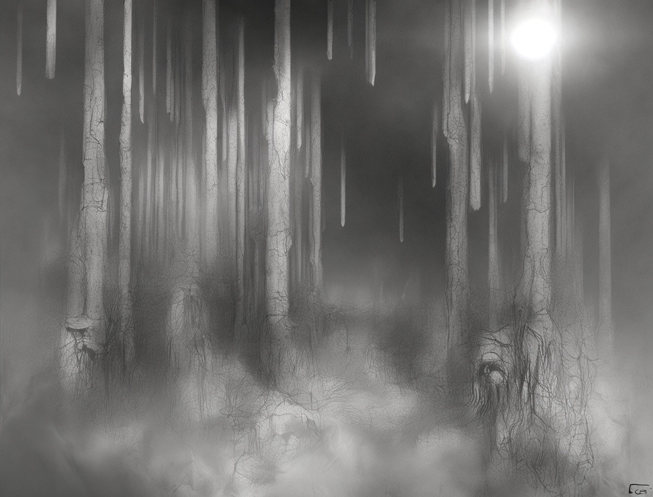 Ethereal forest with ghostly trees and foggy ambiance