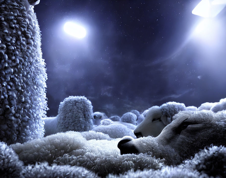 Sheep resting under surreal starlit sky