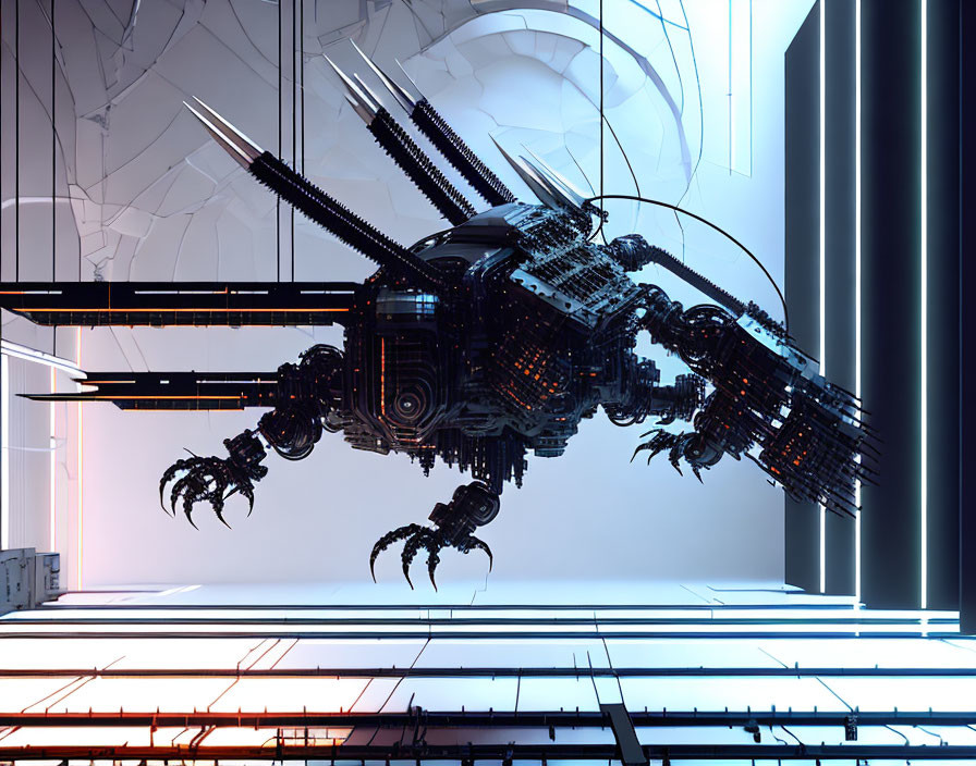 Intricate futuristic mechanical spider in high-tech corridor