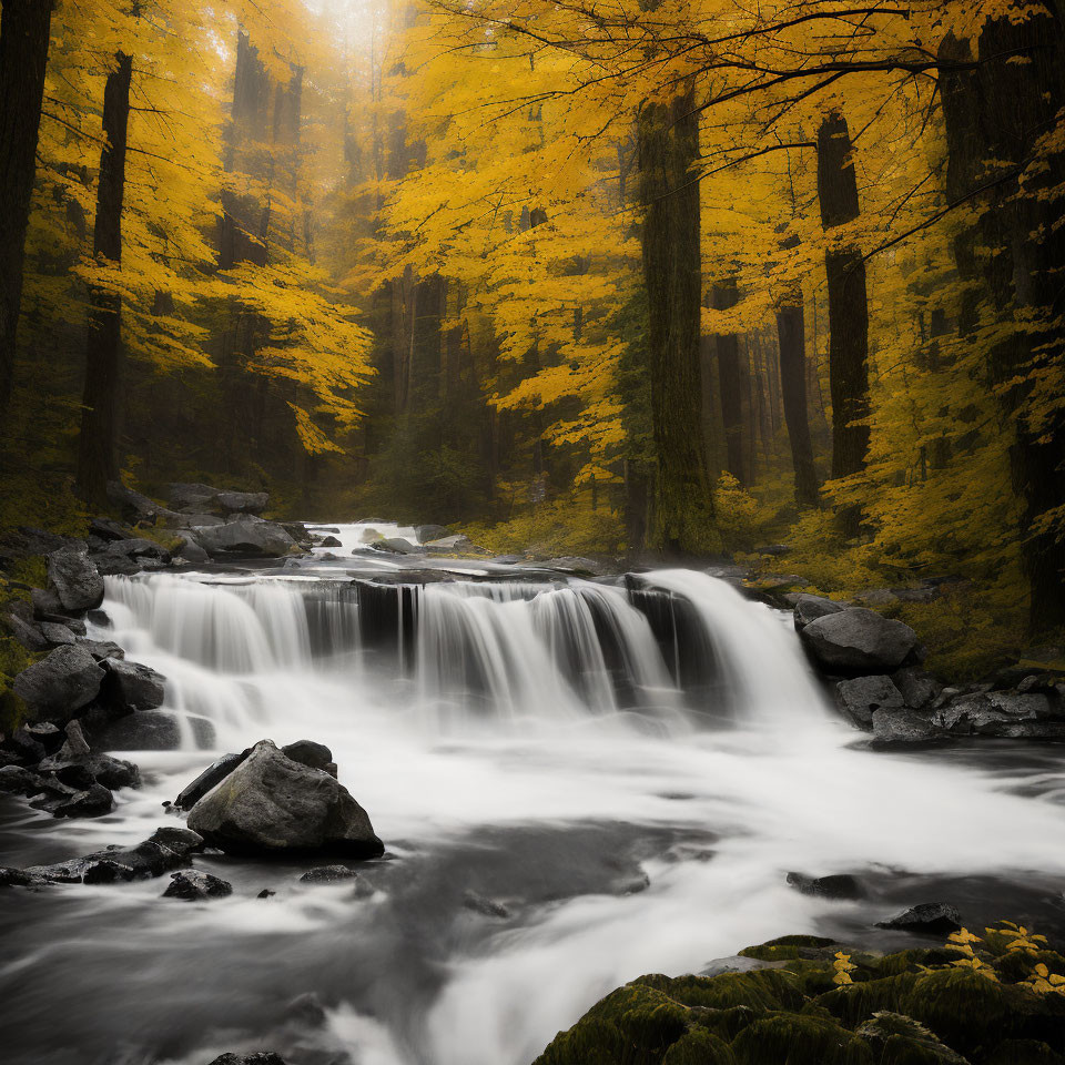 Tranquil waterfall in misty autumn forest