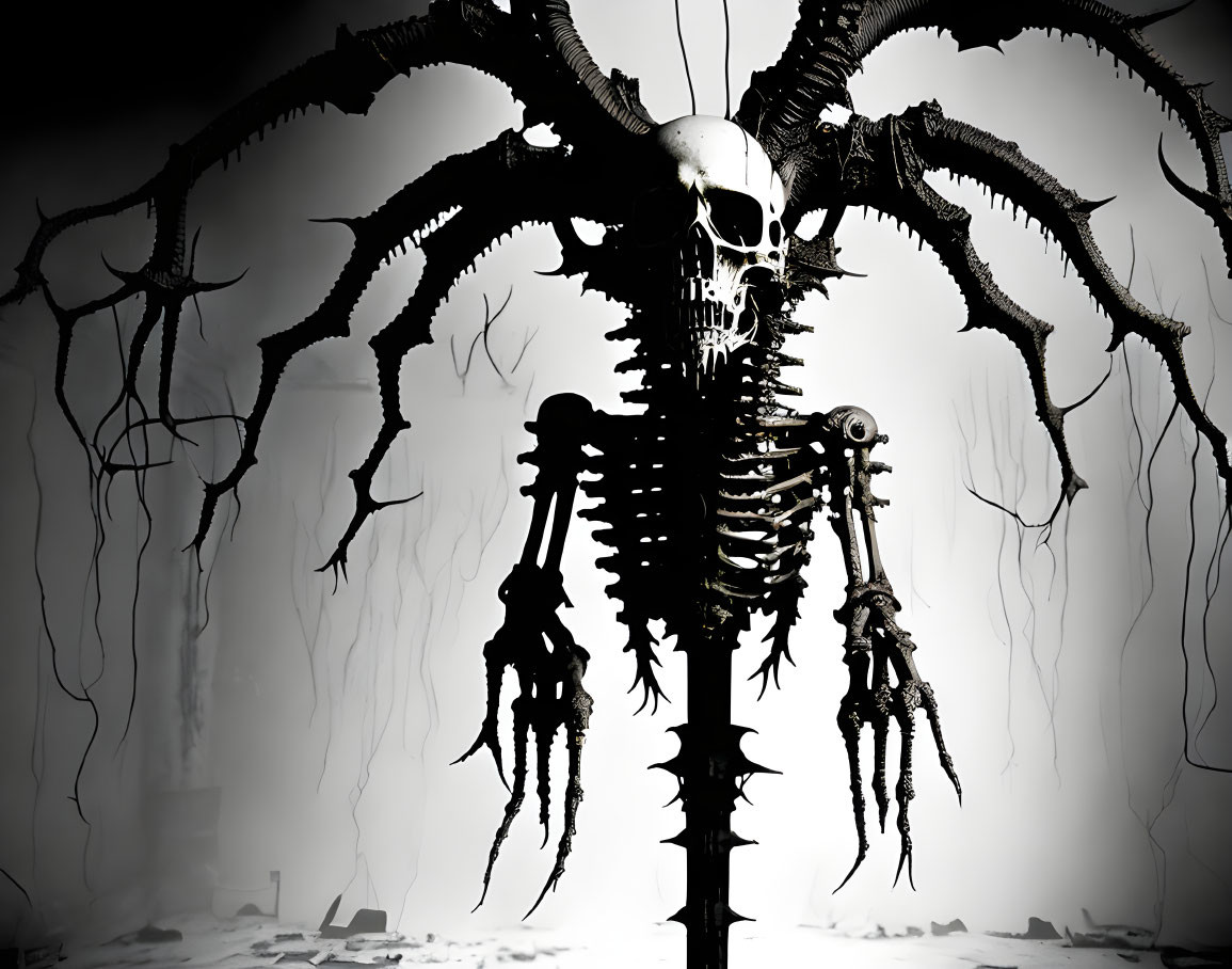 Dark gothic tree skeleton with multiple limbs on misty background