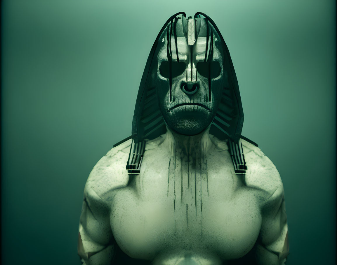 Dark Tribal Masked Person with White Paint on Muscular Body against Teal Background