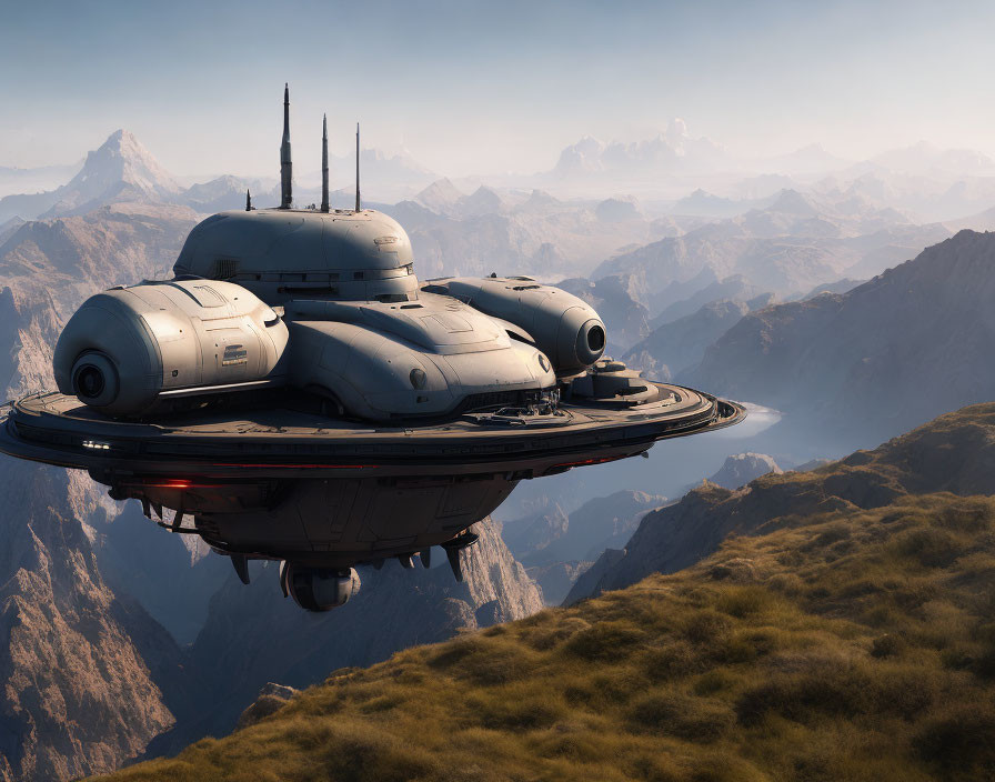 Futuristic spacecraft above grassy mountain ridge & spires in hazy sky